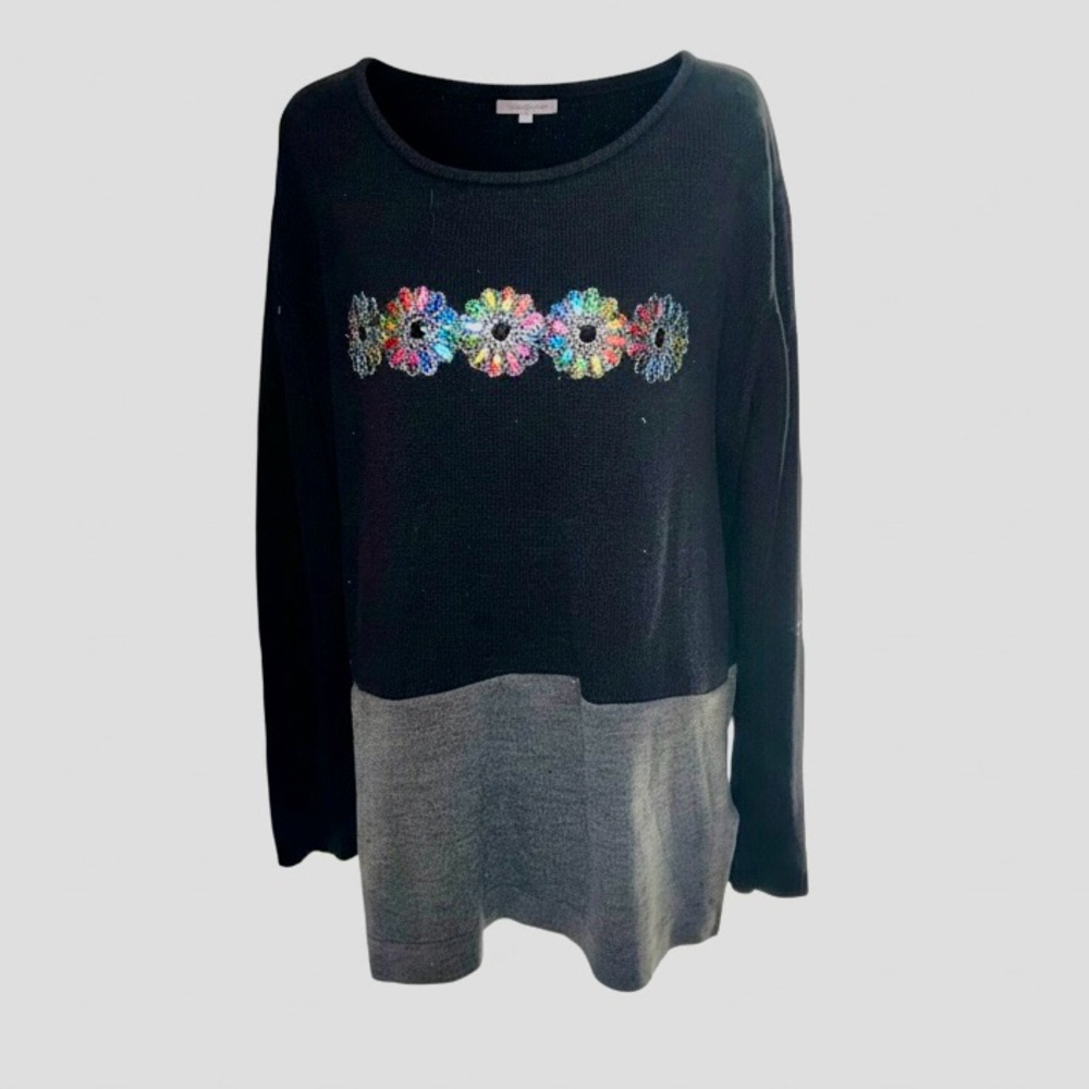 Floral Embroidered Black and Gray Sweater - Picture 1 of 5